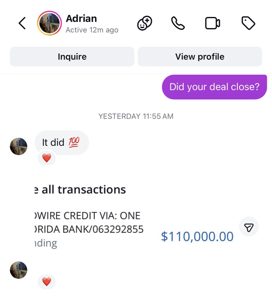 Adrian: $110,000 wire from one deal